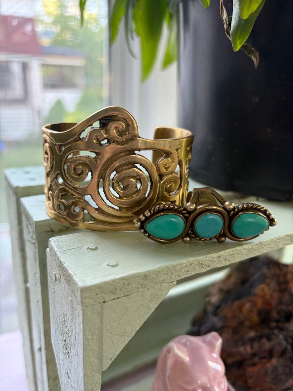 Brass Filigree Cuff Bracelet and Ring with Turquoise Stones